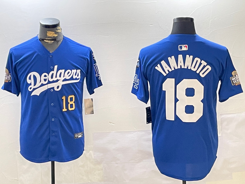 Men Los Angeles Dodgers 18 Yamamoto 2024 World series patch blue jersey 20241120164